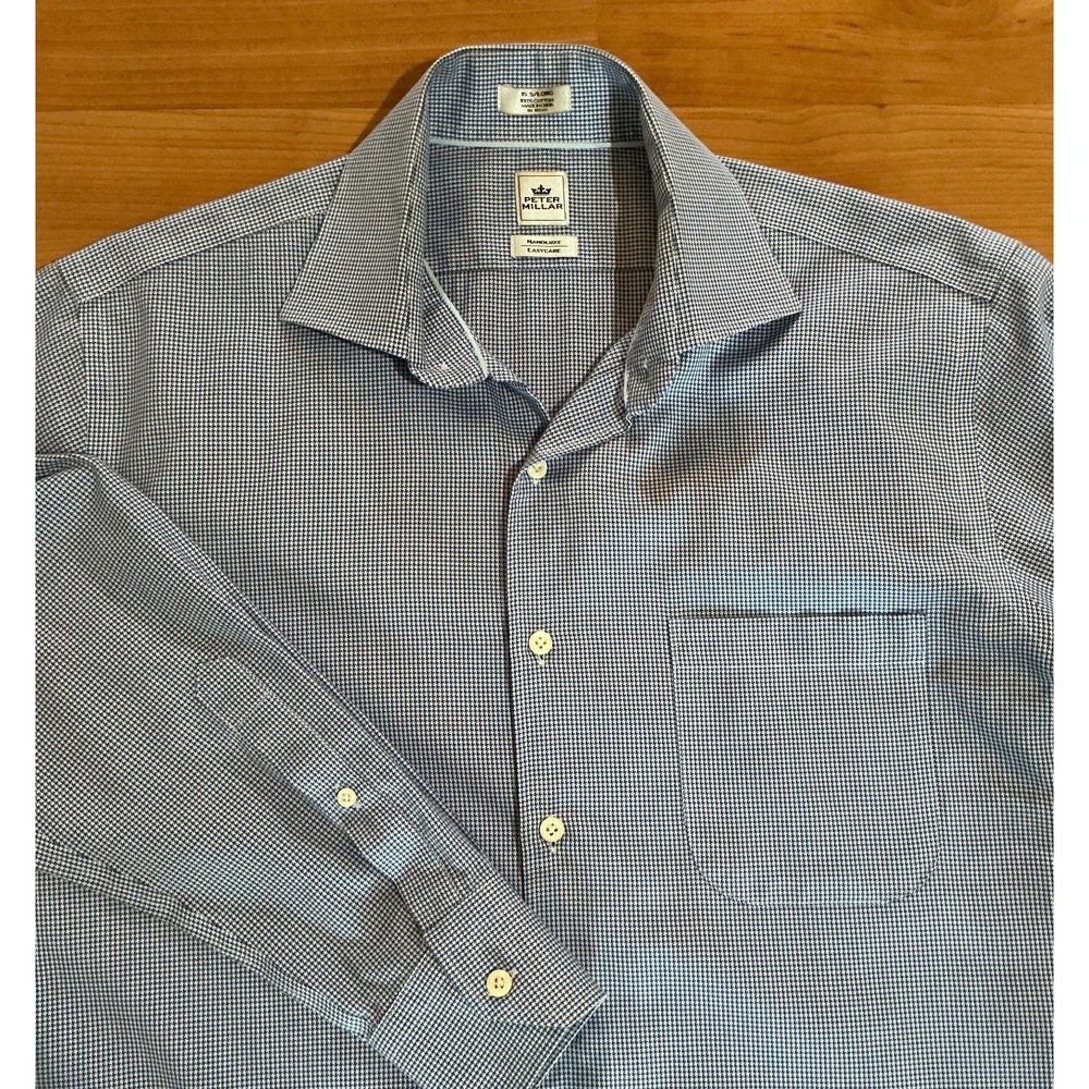 Peter Millar Nanoluxe Easycare 15.5 Long Blue‎ Houndstooth Cotton Dress Shirt